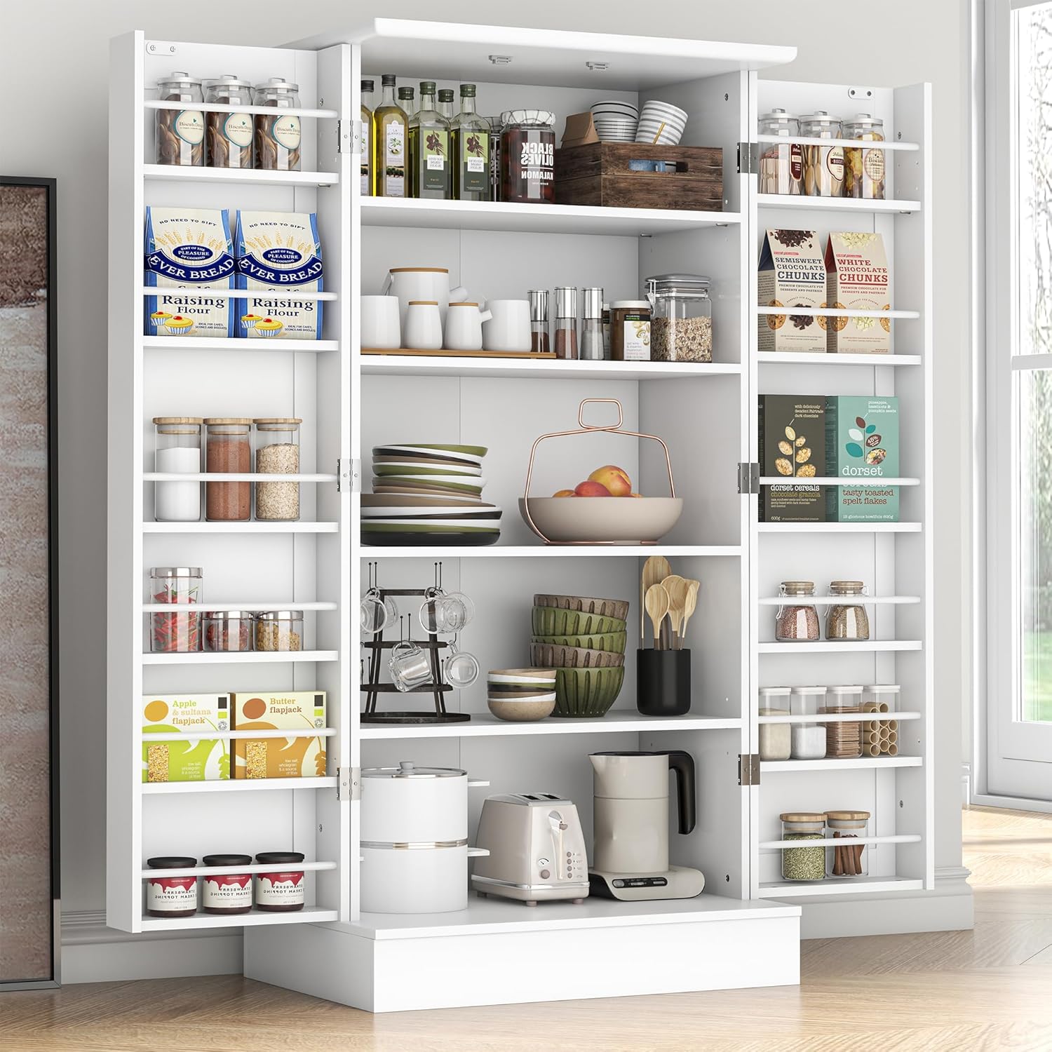 kepptory 47” Pantry Cabinet, Kitchen Pantry Storage Cabinet with Doors and Adjustable Shelves,Freestanding Buffet Cupboards Sideboard for Living Room and Dinning Room (White)
