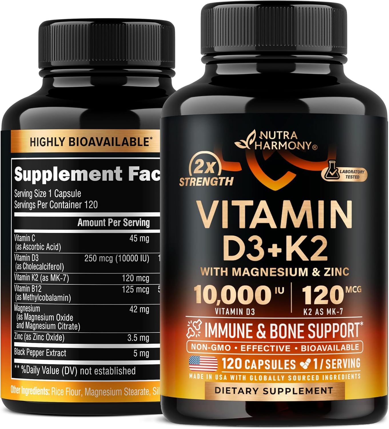 Vitamin D3 K2 - Vitamin D3 10000 iu & K2 as MK-7 120 mcg - Immune & Mood Support, for Bone & Teeth Health - with Magnesium, Zinc & Vitamin C & B12 - Highly Bioavailable - Made in USA, 120 Capsules