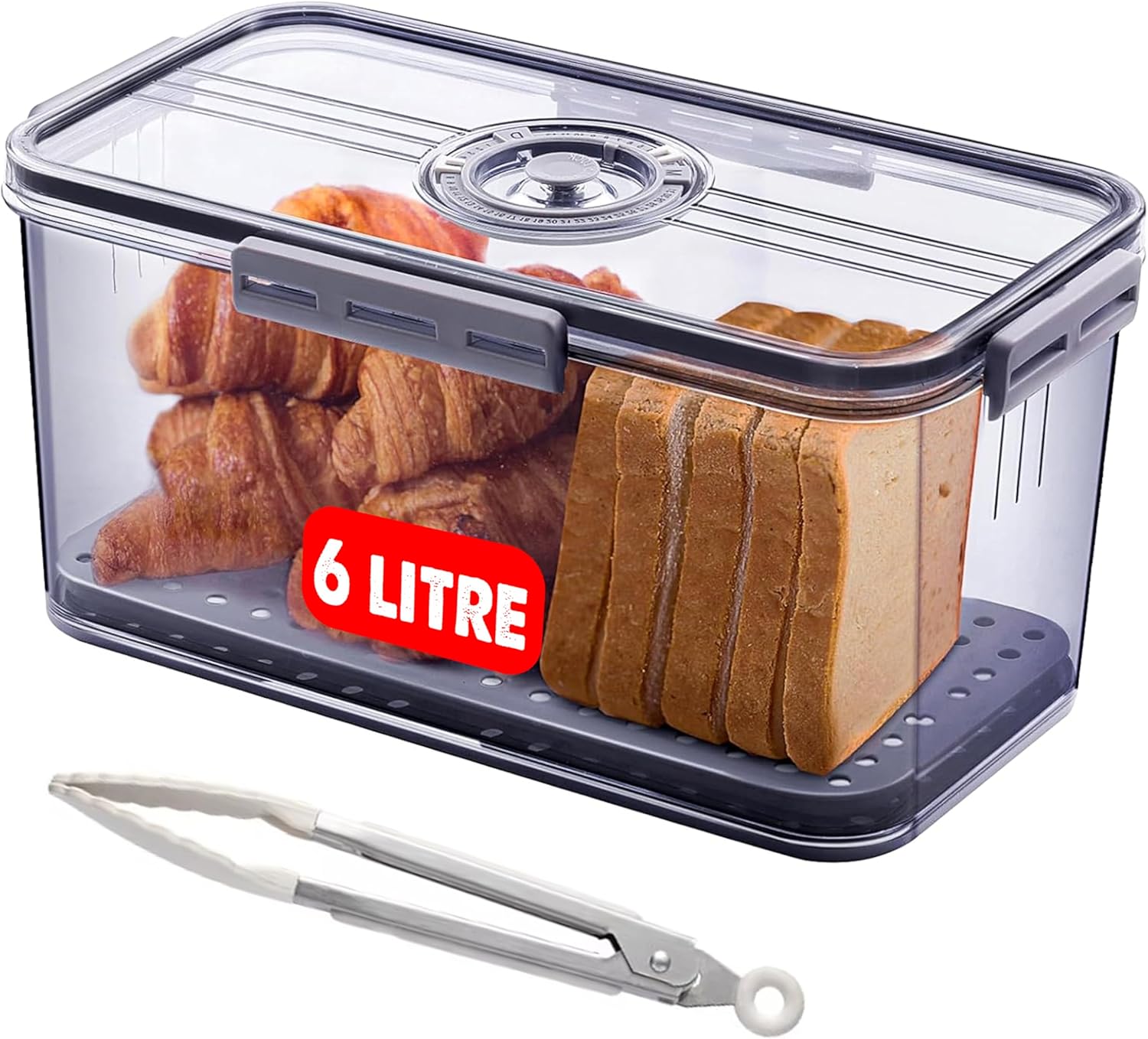 Bread Bin Airtight Bread Box for Kitchen Counter, Time Recording with Lid and Tong, Bread Storage Container for Homemade Bread, Toast, Bagel, Donut and Cookies