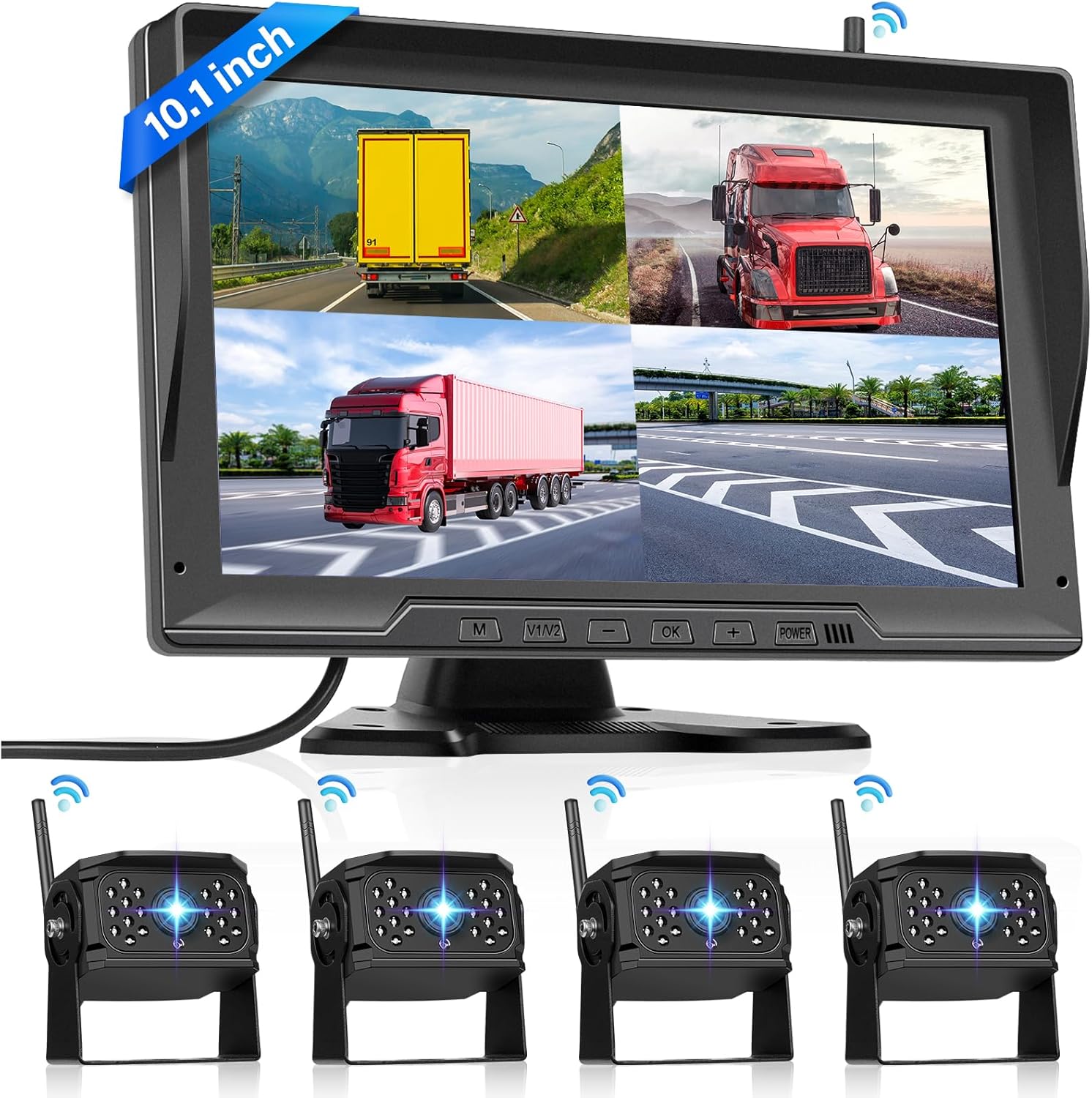 Wireless Van Backup Camera Kit, Hodozzy 10.1 Inch IPS HD Reversing Monitor 4-Split Screen with Loop Record DVR Monitor +IP68 Waterproof Night Vision 4 Cameras RV/Truck/Trailer/Bus/Camper (12-36V)