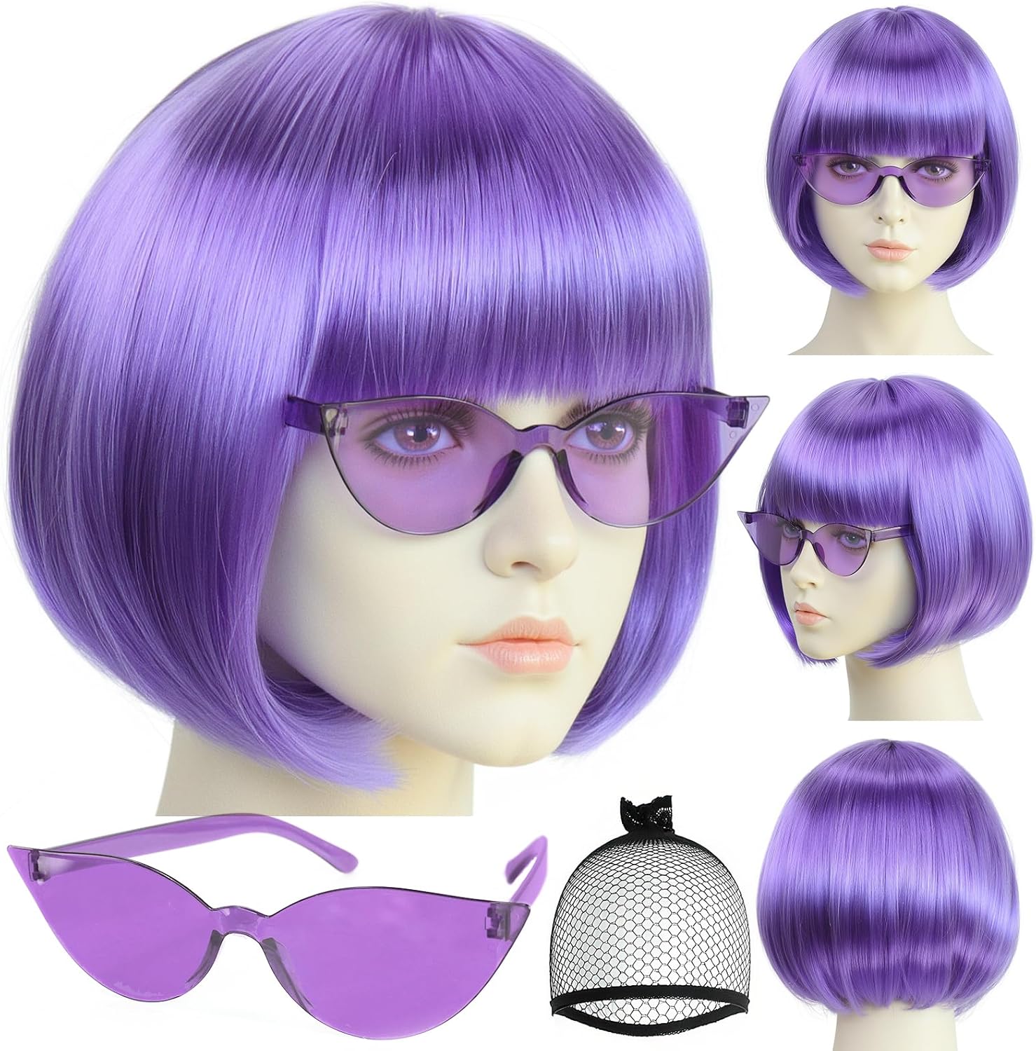 Purple Bob Wig with Bangs 3 Pcs Dark Purple Wigs for Women Short Bob Wig Shakira Fun Lavender Wigs Party for Women Outfit Cosplay Halloween Costume Peluca Morada Corta + Sunglass + clarahead Hair Cap