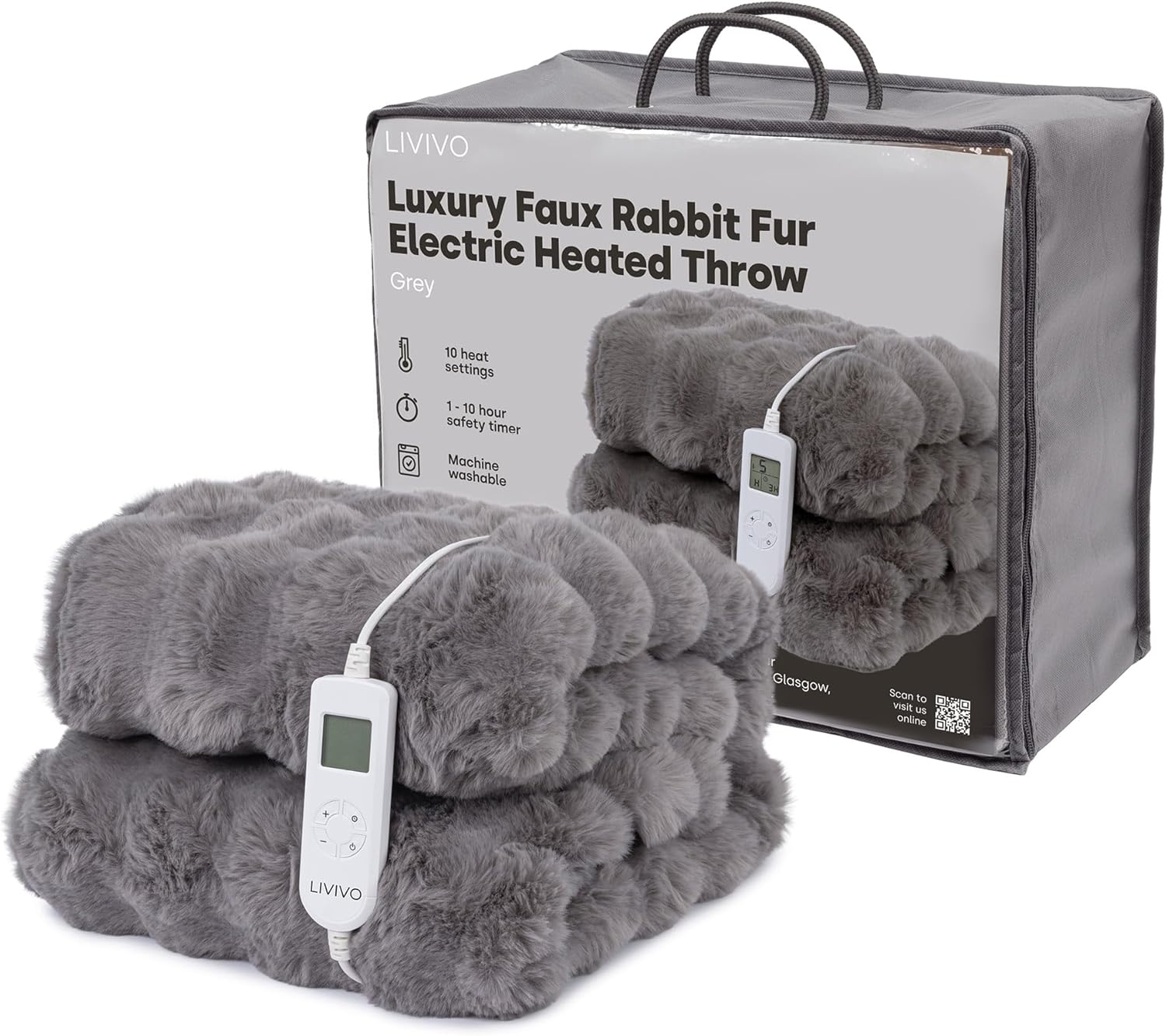 LIVIVO Faux Rabbit Fur Heated Throw - Electric Blanket in Grey, 160x130cm, 10 Heat Settings with Auto Shut Off, Overheat Protection, Soft & Cosy Plush, Machine Washable Winter Blanket
