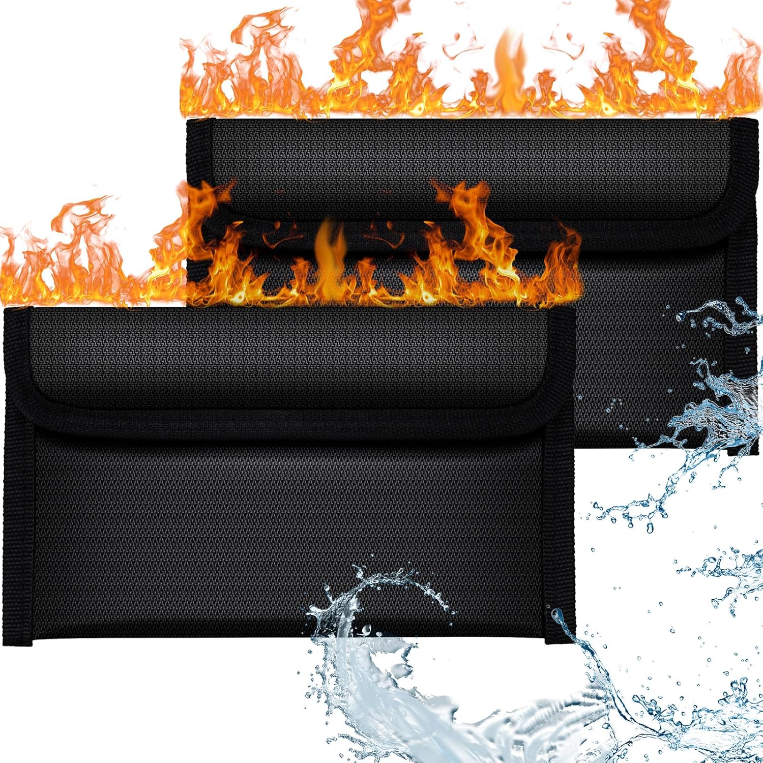 OFFCUP Fireproof Document Bag, 2pcs 8x4.6 Inches Money Fireproof Bag, Solid Silicone Coated Waterproof and Fireproof Safe Storage Bag with Zipper for Cash, File, Passport, Valuables Box (Black)