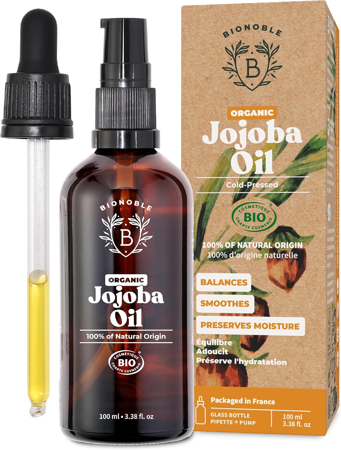 Bionoble Organic Jojoba Oil 100ml - 100% Pure, Natural and Cold Pressed - Face, Body, Hair, Beard, Nails - Vegan and Cruelty Free - Glass Bottle + Pipette + Pump