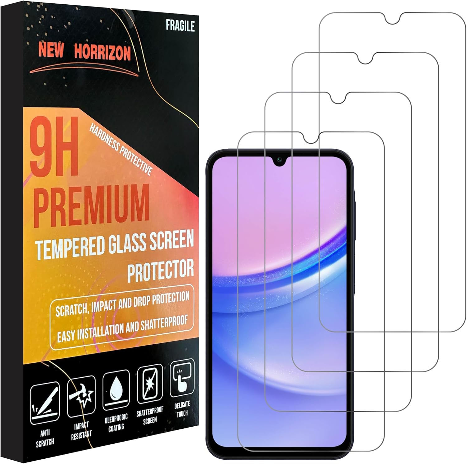 New Horrizon [4-Pack Screen Protector for Samsung Galaxy A15 4G / 5G (6.5-Inch), [LifetimeSupport] Mobile Tempered Glass Screen Protector, [Impact-Protection][Anti-Shatter][Anti-Scratch] - (4-Pack)