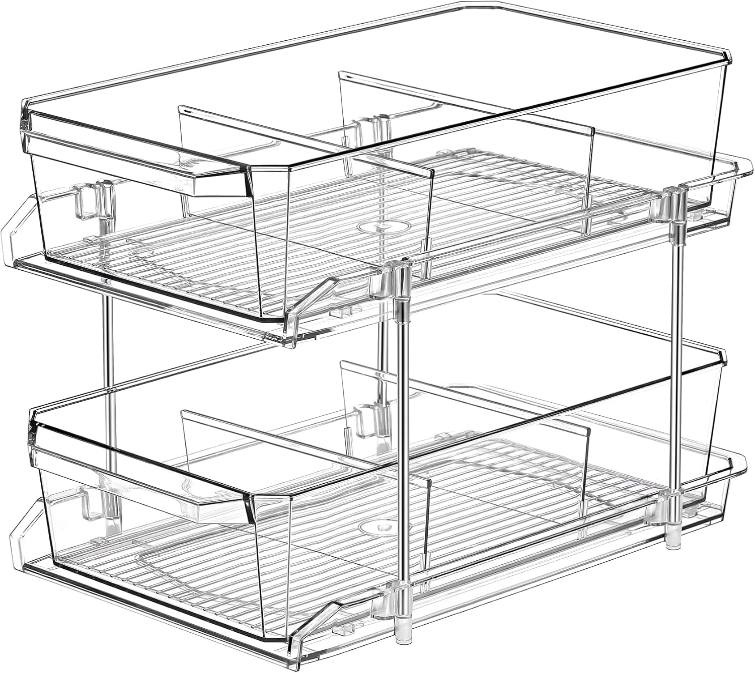 2 Tier Clear Organizer with Dividers for Cabinet / Counter, MultiUse Slide-Out Storage Container - Kitchen, Pantry, Medicine Cabinet Storage Bins - Bathroom, Vanity Makeup, Under Sink Organizing Tray