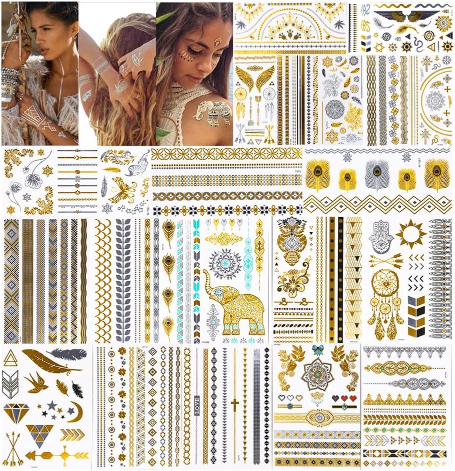 URAQT Metallic Tattoos, 20 sheets Temporary Tattoo Paper with 200 Designs, Waterproof Removable Gold Silver Fake Jewelry Body Art Sticker for Adults and Kids