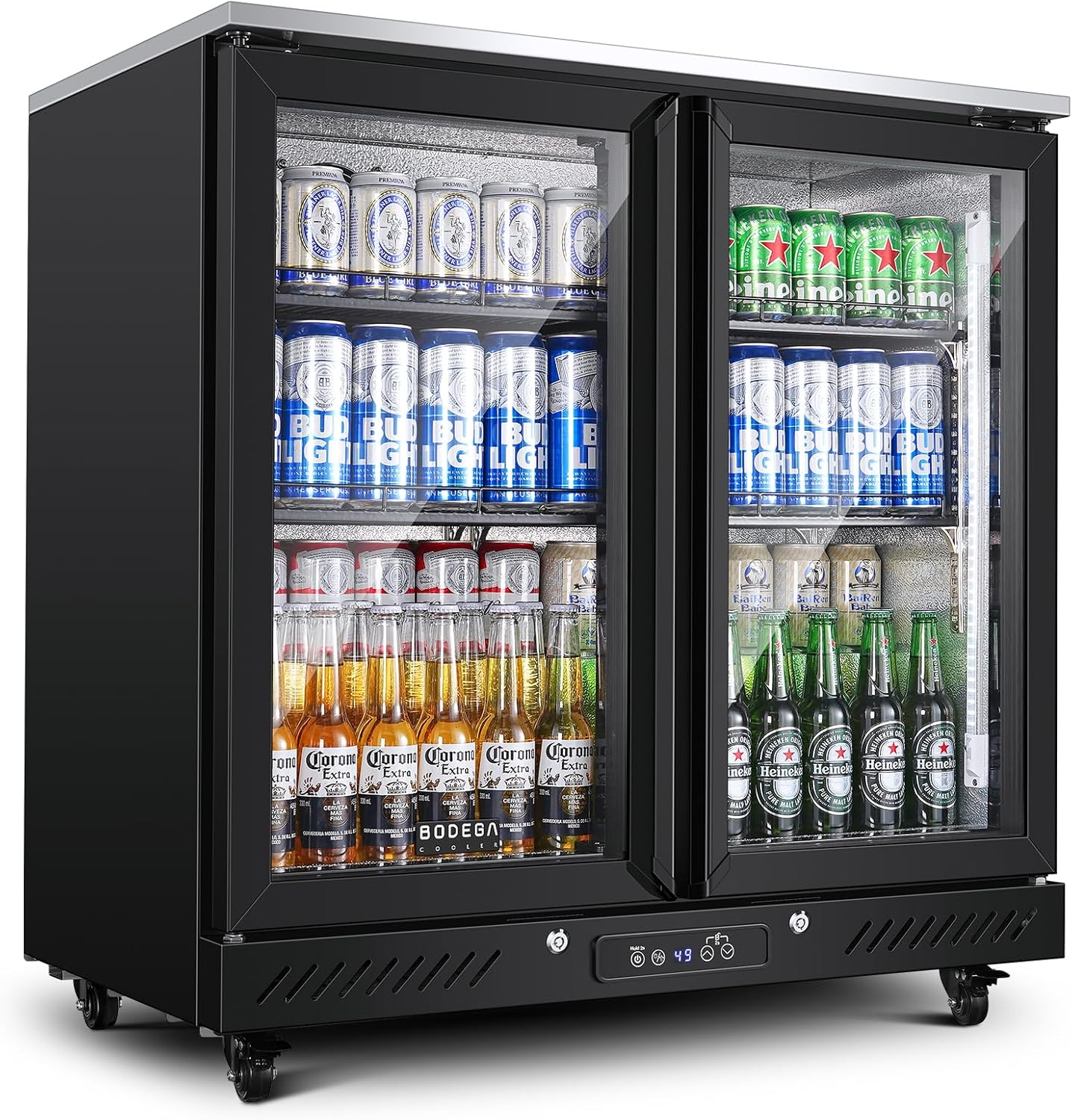BODEGACOOLER Back Bar Cooler with 2 Glass Doors,7.7 Cu.ft Commercial Back Bar Beverage Refrigerator Counter Height,LED Lighting for Soda Drinks,Beer,Wine Stainless Steel Top,DOE Approved,4 Casters