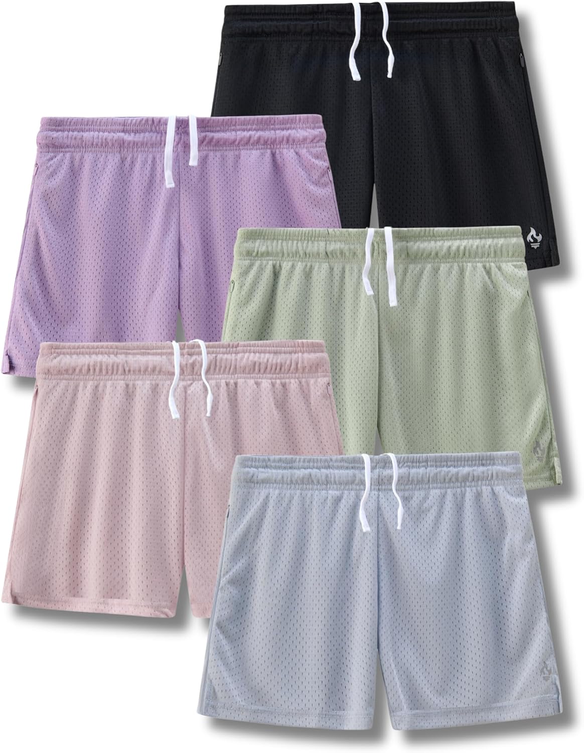 5-Pack Women's Athletic Shorts Mesh Basketball, Ladies Active Loose Pull-On Shorts with Zipper Pockets, 5" Inseam