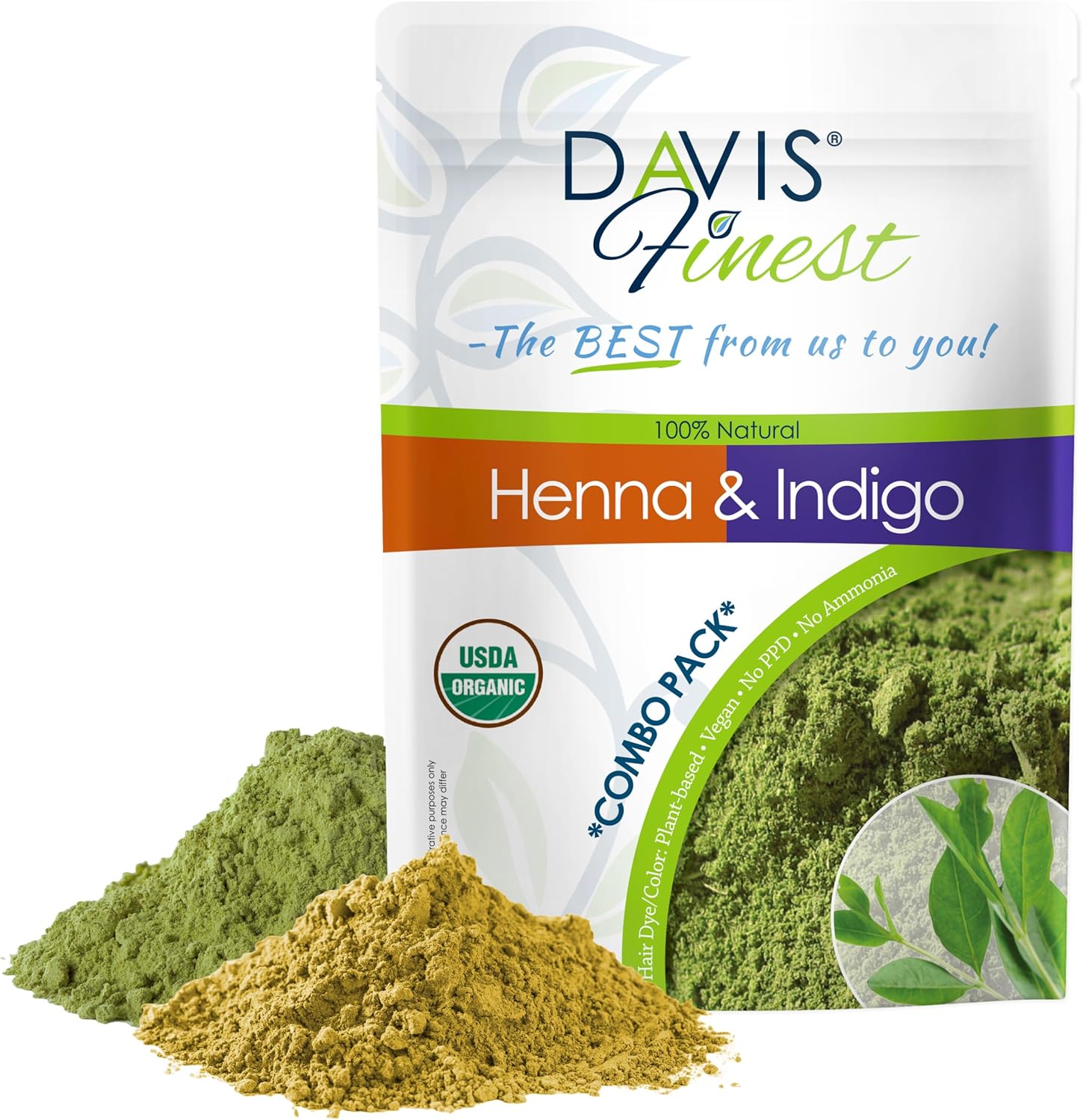 Davis Finest - Henna & Indigo Powder - 200g Combo Pack (100g Each) - 100% Organic Hair & Beard Dye - Natural Colouring for Men & Women - Softening, Thickening & Volumising - PPD-Free & Vega