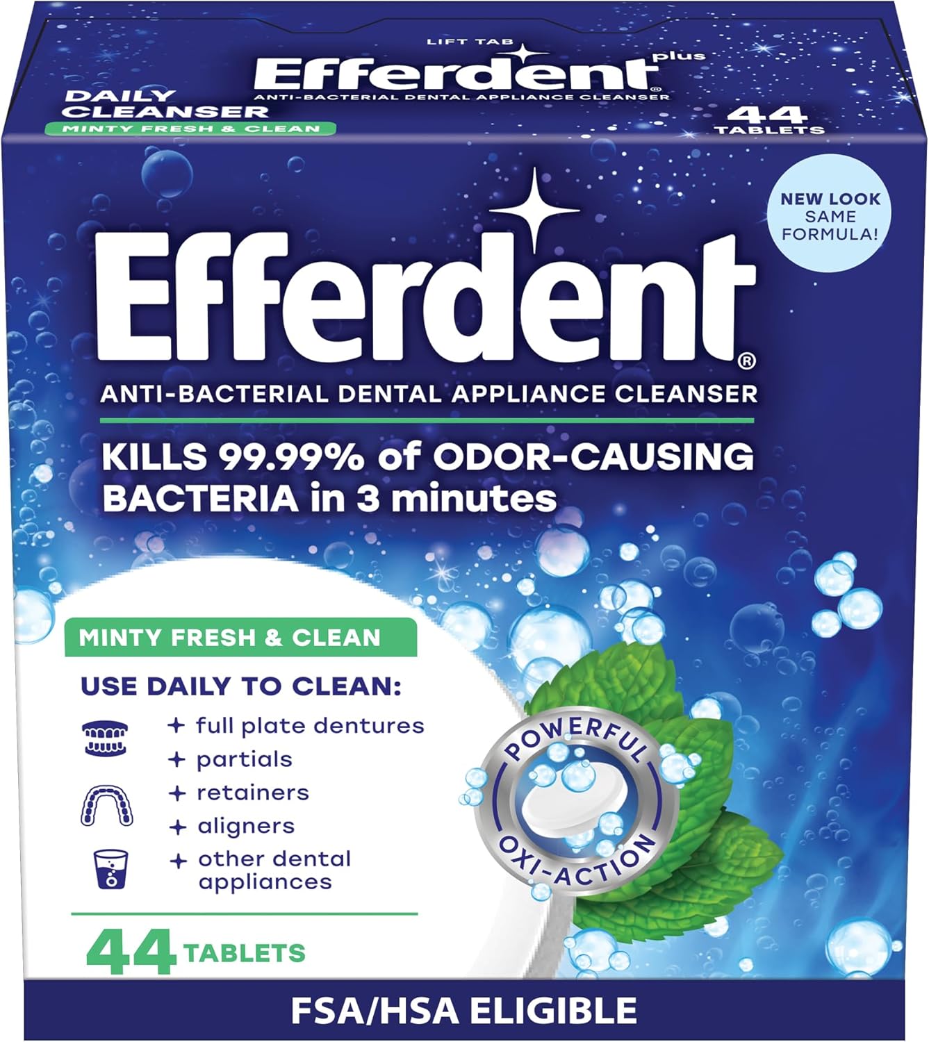 Efferdent Denture Cleaner Tablets – Dental Appliances, Aligners, Mouth Guard, and Retainer Cleaner Tablets, Minty Fresh & Clean, 44 Count