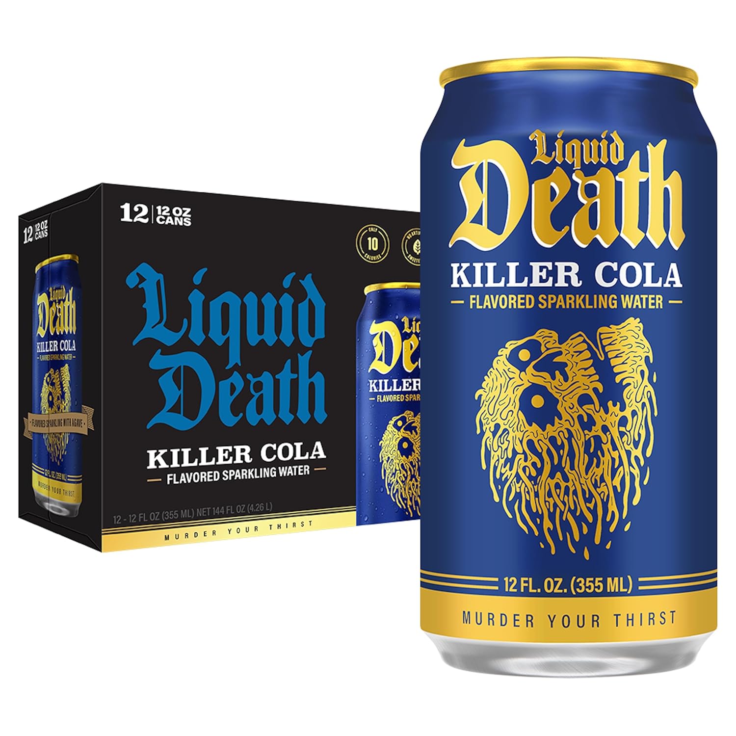 Liquid Death, Killer Cola, Soda-Flavored Sparkling Water, 12-Pack (12oz Cans), Low Calorie & No Artificial Sweeteners