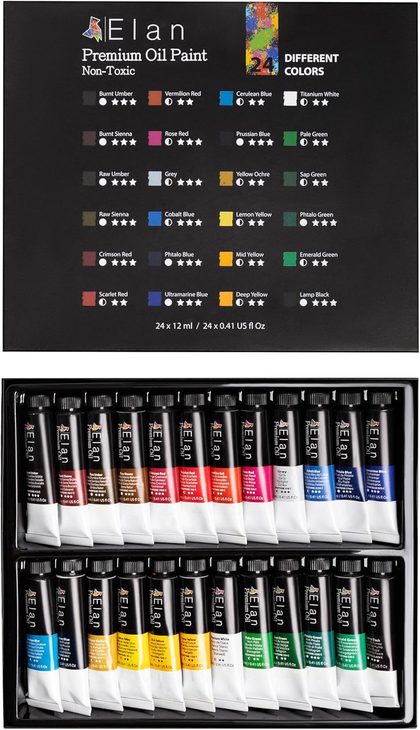 Elan Professional Oil Paint Set 12ml, 24 Rich Colours, Non-toxic Paint for Painting Canvas and Crafts, Oil Paints for Artists, Art Paints for Adults