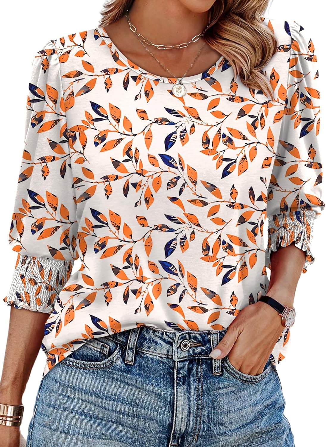 Aokosor Womens 3/4 Sleeve Tops Ladies Blouse Crew Neck Tunic Puff Sleeve T Shirts Curved Hem