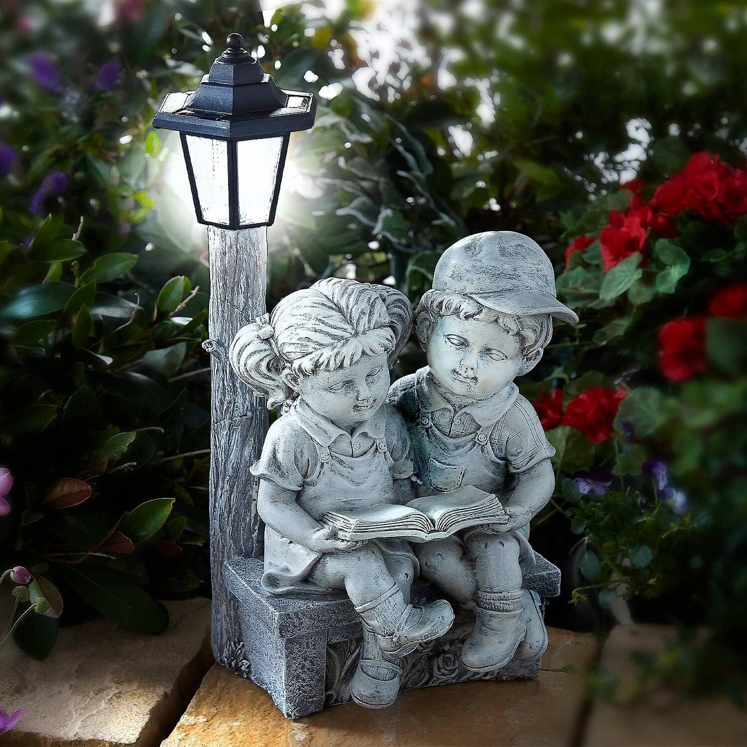 Coopers of Stortford Reading Boy and Girl Statue with Solar Light, Garden Weatherproof Ornament H52 xW25 xD23cm