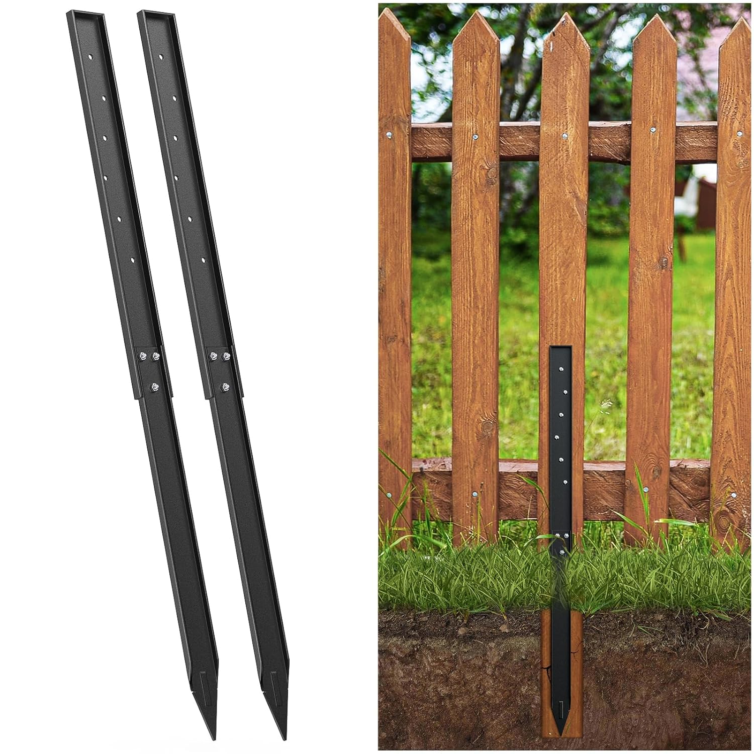 KHAMAL Fence Post Repair - 2 Pack Fence Post Stakes Ground Spike for Broken Wood Fence Post, Quick and Simple to Install （Black）