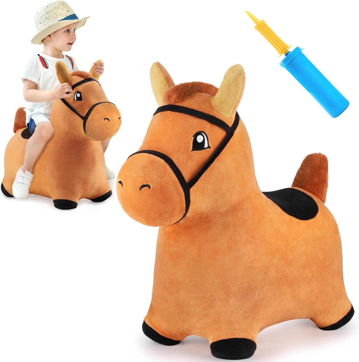 iPlay, iLearn Bouncy Pals Brown Hopping Horse, Toddler Plush Animal Hopper Toy, Kids Inflatable Ride on Bouncer W/Pump, Indoor Outdoor Jumper, Birthday Stocking Gift 18 24 Months 2 3 Year Old Boy Girl