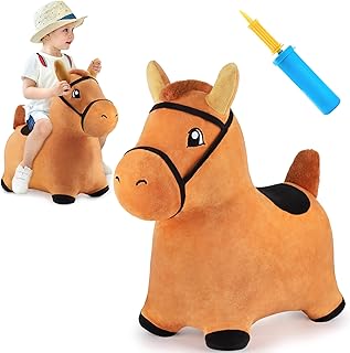 iPlay, iLearn Bouncy Pals Brown Hopping Horse, Toddler Plush Animal Hopper Toy, Kids Inflatable Ride on Bouncer W/Pump, Indoor Outdoor Jumper, Birthday Stocking Gift 18 24 Months 2 3 Year Old Boy Girl