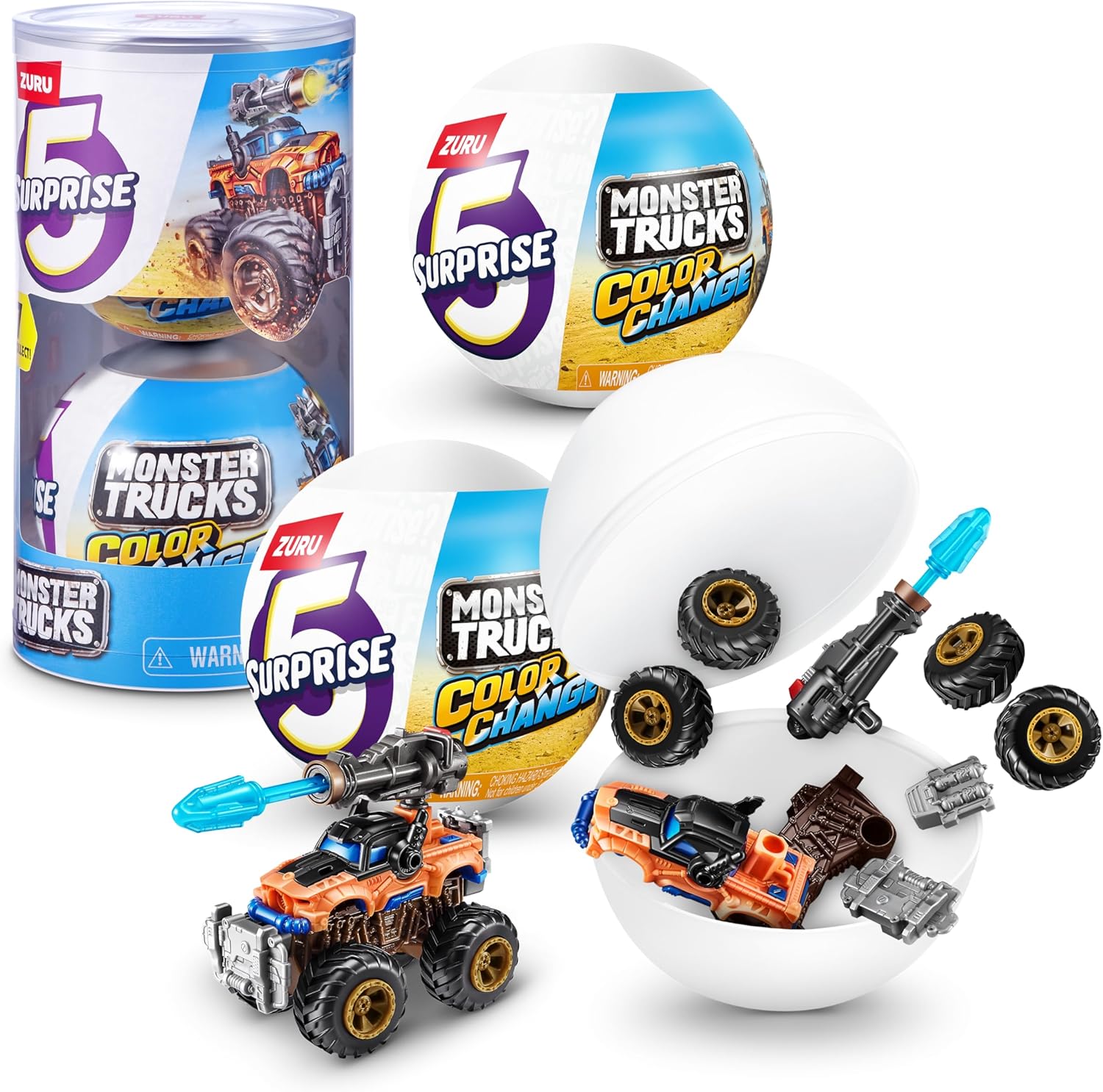 5 Surprise Monster Trucks Series 3 Color Change (2 Pack) by ZURU Collectible Racing Battle Surprise Fireable Weapons Action Toys for Boys