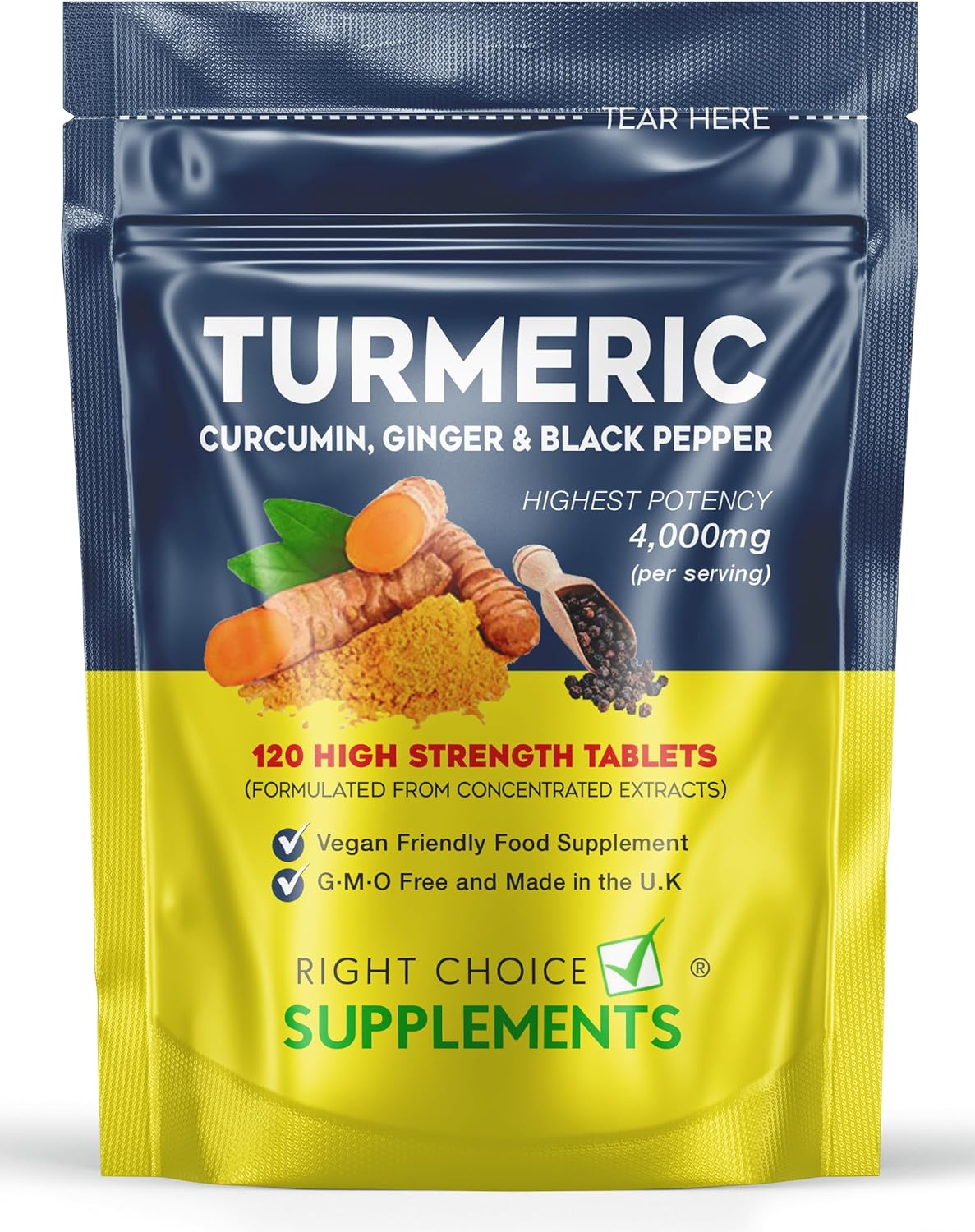 Turmeric, Ginger & Black Pepper 4000 mg Tablets (per Serving), High Strength Curcumin Supplements, Vegan and Gluten Free, UK Made, 120 Count