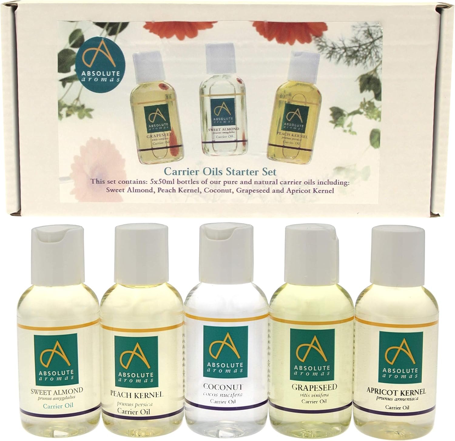 Absolute Aromas Carrier Oil Starter Set Pack (5 x 50ml) - 100% Pure and Natural Carrier Oils - Sweet Almond, Peach Kernel, Fractionated Coconut, Grapeseed and Apricot Kernel Oils