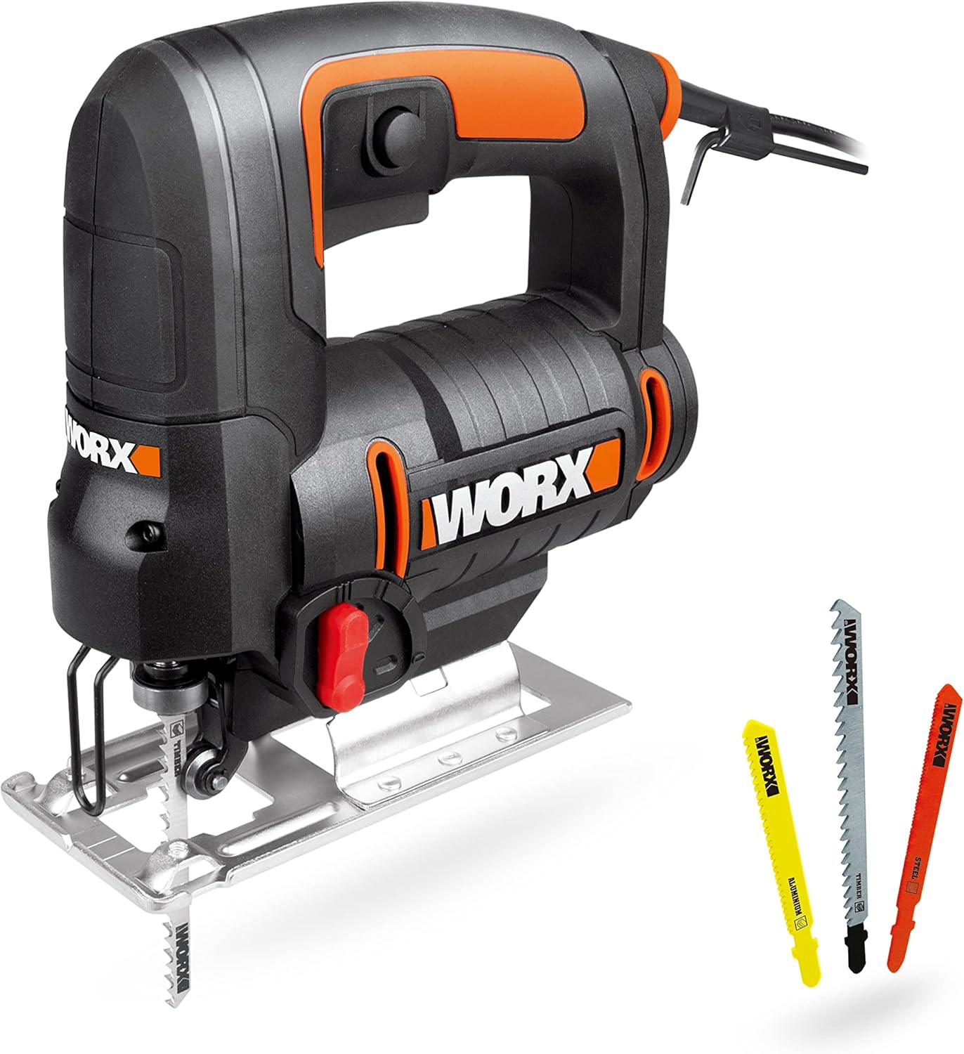 Worx 550W Jigsaw WX477 Jig saws, Tool-Less Blade Change, 4 Position, 1* Metal Cutting Blade, 1* Wood Cutting Blade, 1* Aluminium Cutting Blade, 20mm Stroke Length, ±45 ° Bevel Capacity
