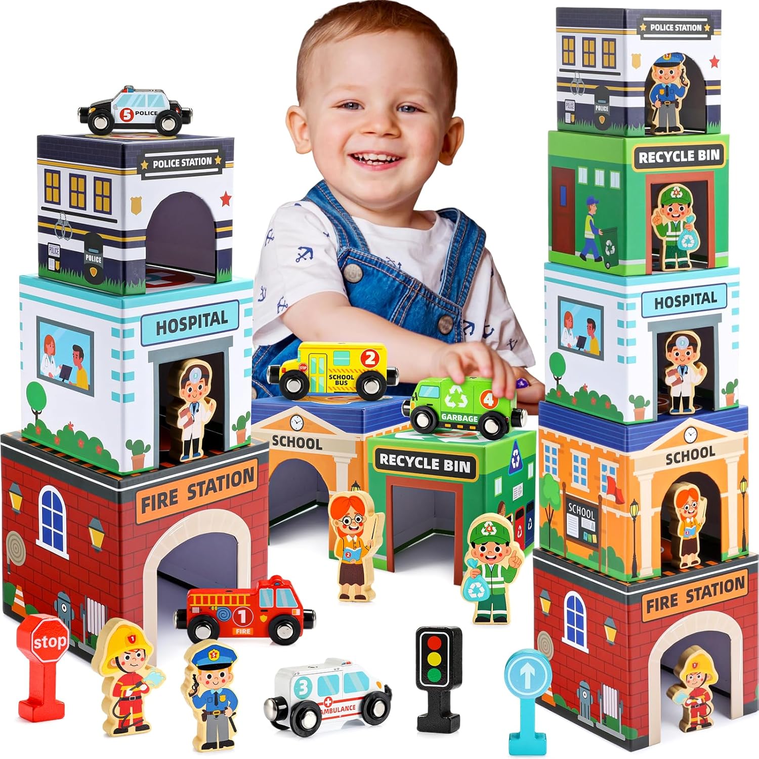 Naxudcoo Toddler Sorting and Stacking Toys: Preschool Learning Montessori Toys for 1 2 3 Year Old Boys Girls, Baby Blocks Nesting Boxes with Magnetic Wooden Cars, Gifts for 1 2 3 Year Old Boy Girl