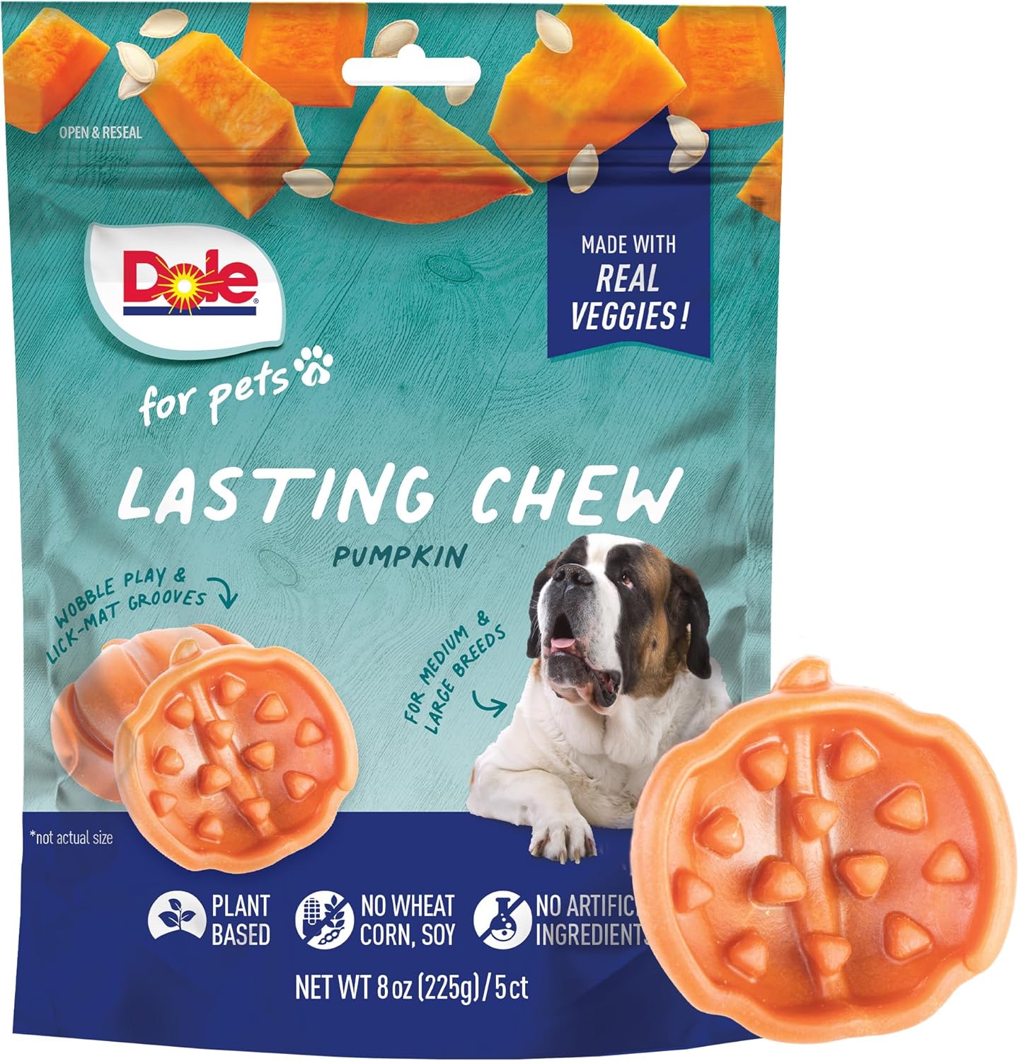 Dole for Pets Freshly Fetched Lasting Chew, Pumpkin Flavor Dog Treats, 8oz, 5ct | Flavored with Real Veggies, No Wheat, Corn, Soy, Artificial Flavors, Colors, Preservatives, or Animal Products