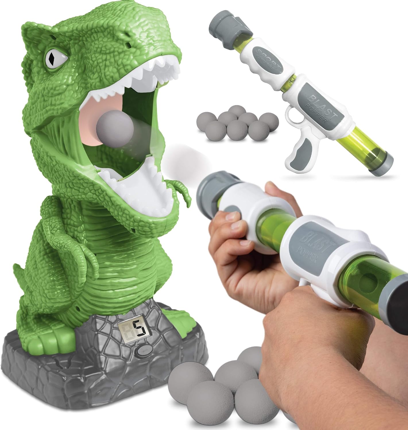 Discovery™ Hungry T-Rex Feeding Game, Carnival Style Shooting Competition for Kids, 8 Indoor Safe Foam Balls with Air Launcher, Electronic LCD Screen with Lever Tongue, Great for Ages 6 & Up