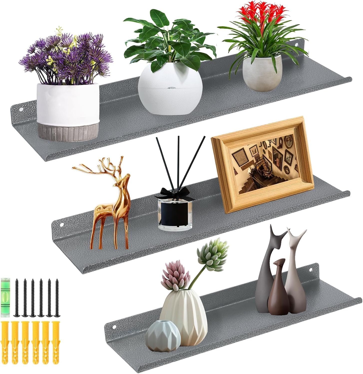 himaly Metal Wall Shelf, Floating Shelves, 30/35/40 cm, Wall Mounted Storage Shelves for Kitchen, Bathroom, Living Room, Bedroom, (Grey, Set of 3)
