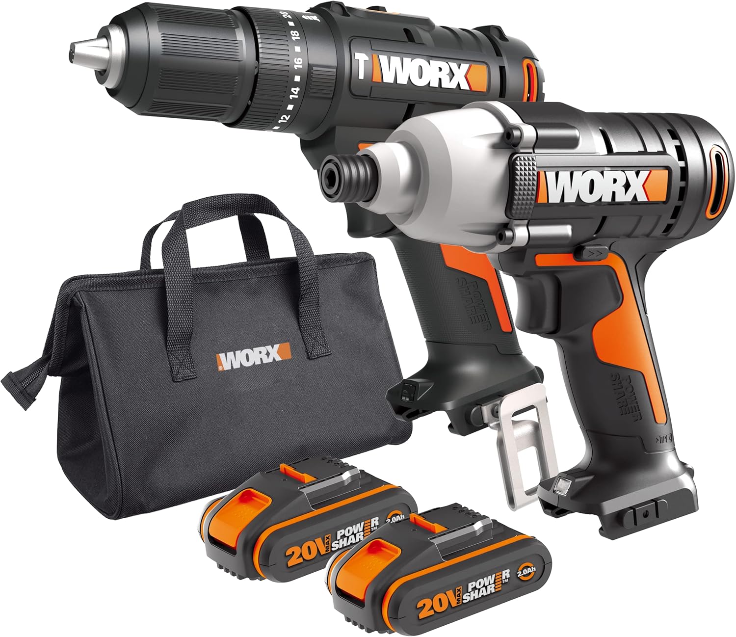 Worx WX902 20V PowerShare Cordless Combi Drill & Impact Driver Kit with 2X 2.0Ah Batteries, Charger & Bag – 50Nm Hammer Drill, 170Nm Impact Driver, LED Light, Compact & Lightweight Design