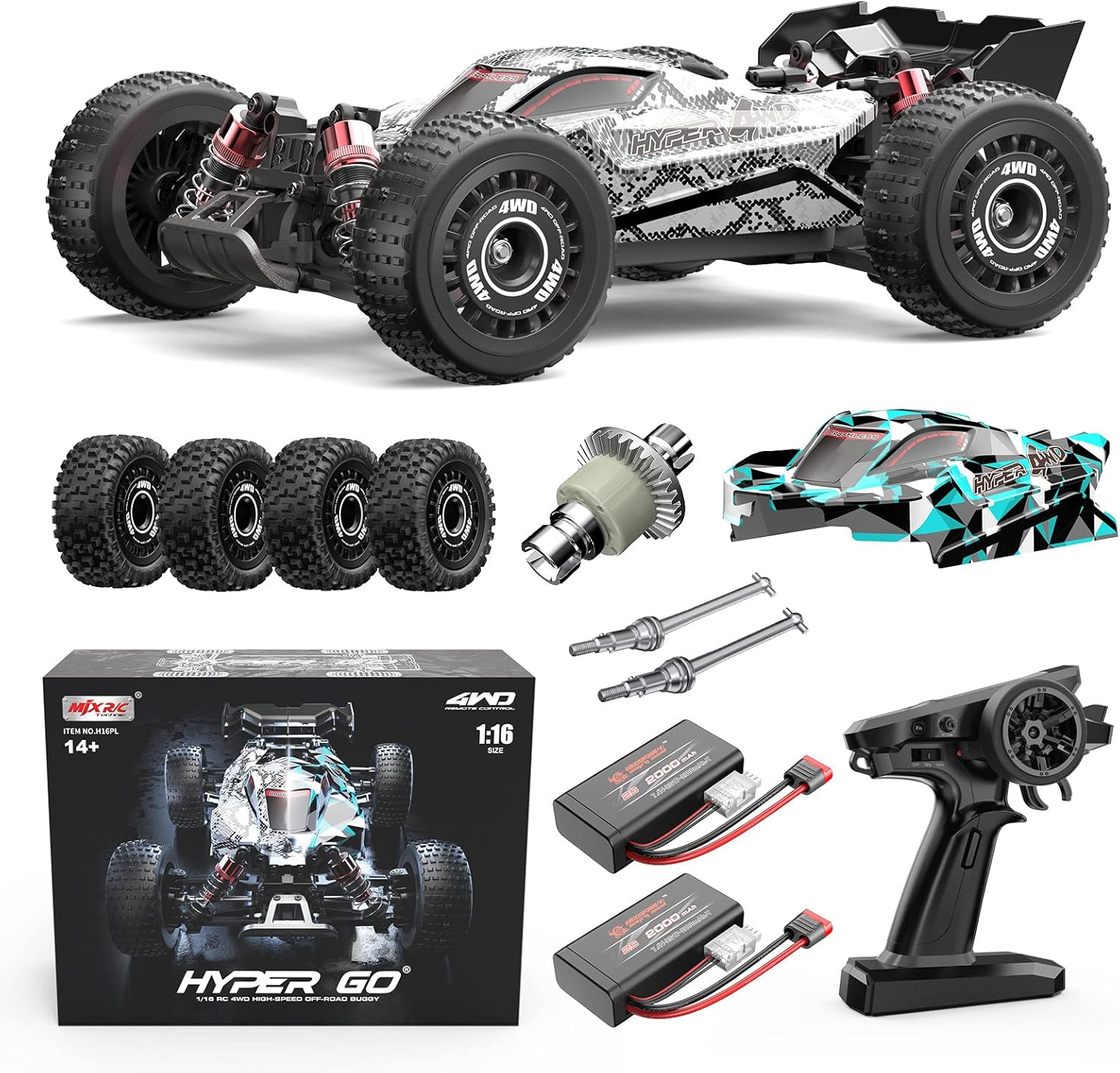 HYPER GO H16PL 1/16 RTR Brushless RC Buggy, Fast RC Cars for Adults, Max 38 mph RC Truck, 4WD High Speed Racing RC Car with 2S 2000 mAh Battery for RC Basher