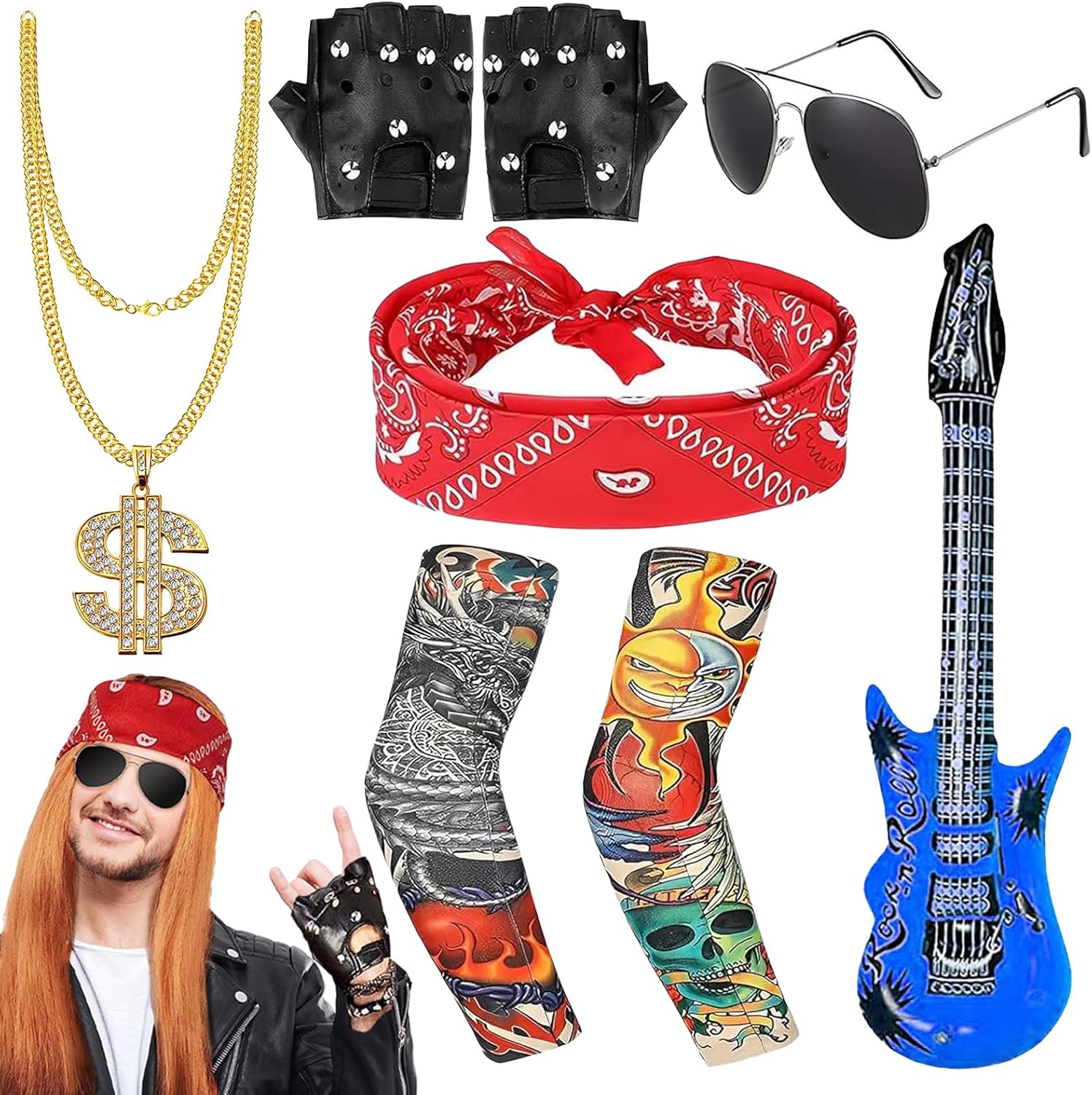GMHLLES Rockstar Fancy Dress 10PCS Punk Accessories Punk Gothic Rock Star Fancy Dress Rock Heavy Metal Accessories Blue Guitar Sunglasses Headscarf Sleeves Gloves Necklace