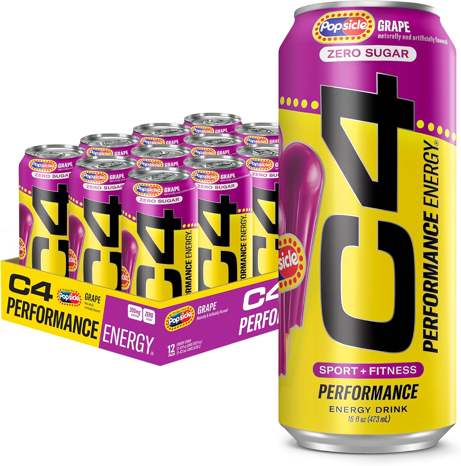 C4 Performance Energy Drink, Grape Popsicle, Zero Sugar Carbonated Preworkout Energy, 200mg Caffeine with Beta Alanine, 16 Fl Oz (12 Pack) | Carbonated, Pre Workout, Performance Drink, no Artificial Colors, no Dyes