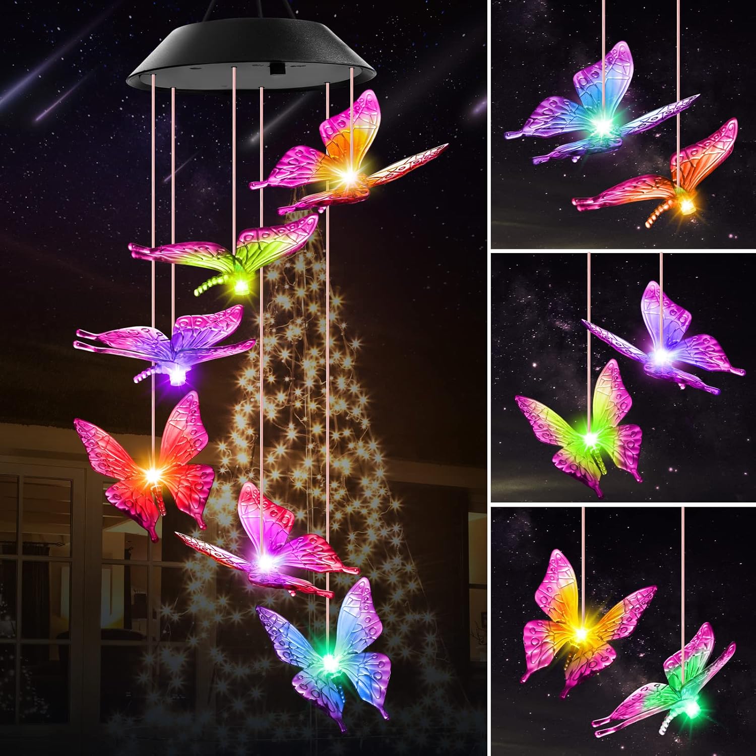Women Stocking Stuffers Thanksgiving Decorations Christmas Solar Lights Outdoor Gifts for Mom Grandma Wife, Winzwon Butterfly Wind Chimes Waterproof for Outside Garden Patio Yard Porch