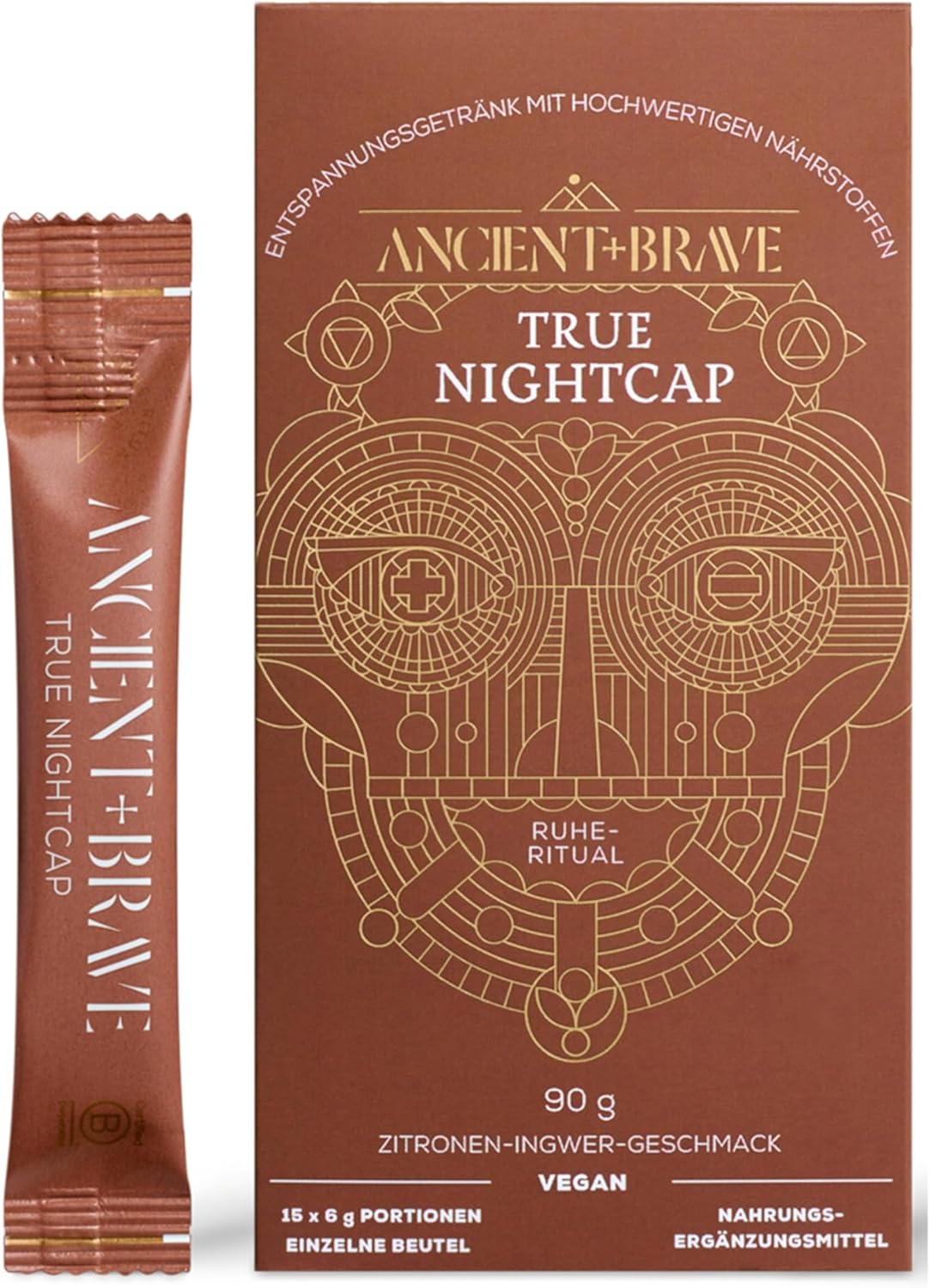 Ancient + Brave True Nightcap 15 x 6g Sachets - Sleep Supplement for Adults with Magnesium, Zinc, Vitamin C, Amino Acids - Natural Sleep Aid Powder - Recover Sleep, Lemon Ginger Flavor, Vegan