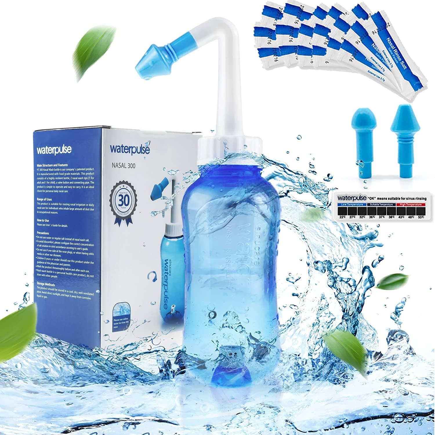 Waterpulse Neti Pot, Sinus Rinse Bottle 300ml, Nose Cleaner, Nasal Irrigation System with 30 Nasal Wash Salt Packets and Sticker Thermometer for Adult & Kid BPA Free(300ml,Blue)