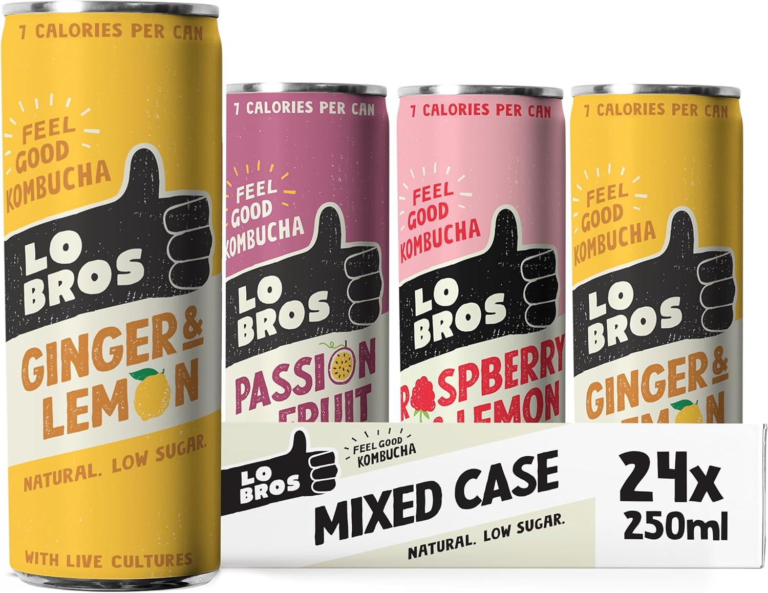 Lo Bros Kombucha - Mixed Pack with 3 Flavours - Sparkling Refreshing Soft Drink with Natural Ingredients and Live Cultures, Supports Gut Health, Low Sugar, Vegan, Gluten Free- 24 x 250ml