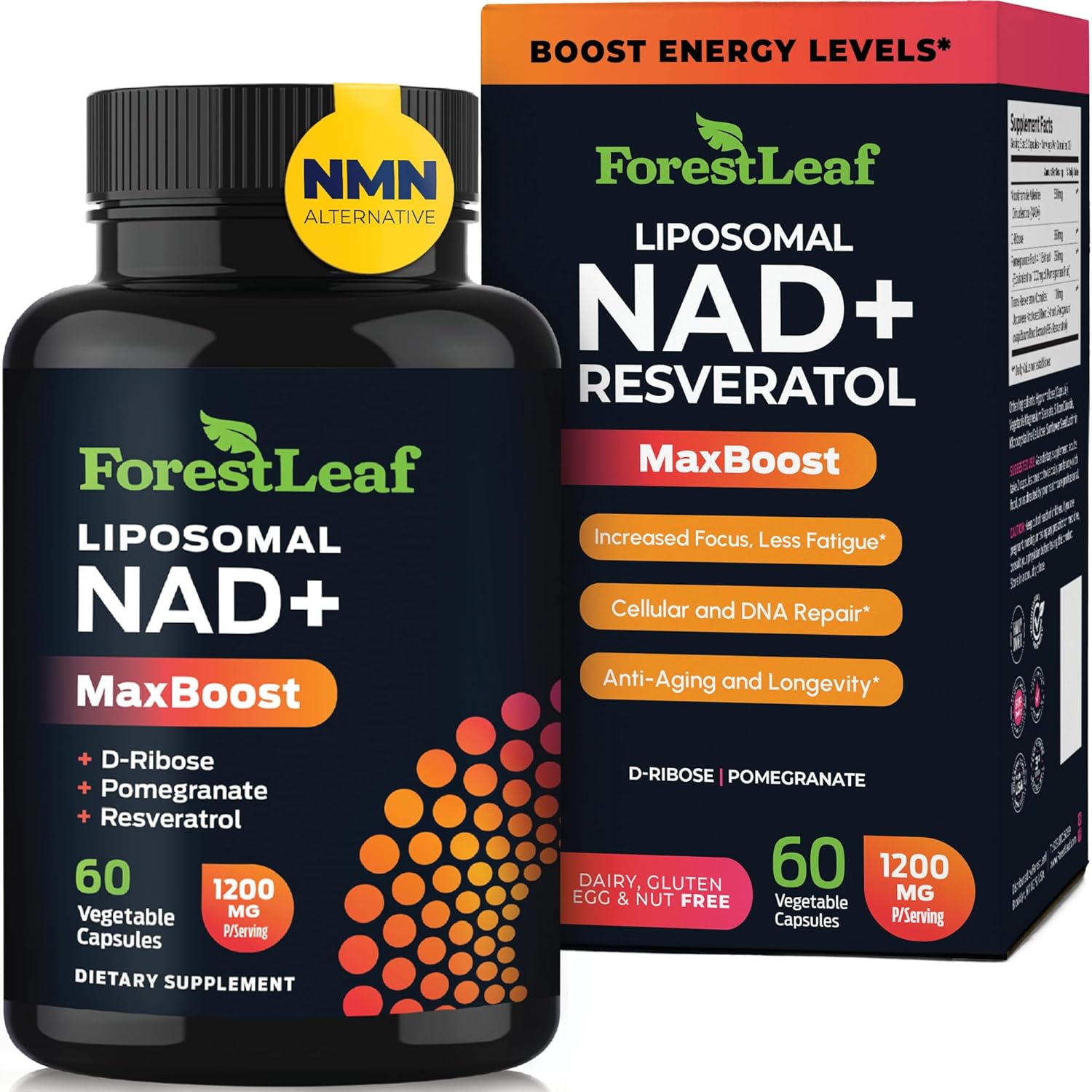 NAD+ Supplement – 1200mg Liposomal NAD Resveratrol Supplements for Women & Men – High Absorption Energy & Focus Support for Healthy Aging (60 Caps)