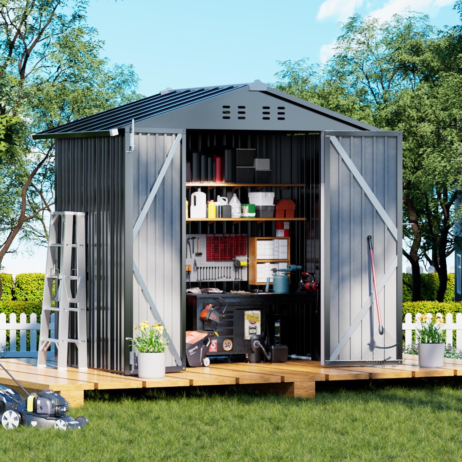 COMHOMA Shed Outdoor Storage Shed Metal,Lockable Doors Tool Sheds with Sloping Roof,Steel Garden Shed with Air Vent for Backyard,Patio,Lawn,Poolside (Grey, 6'x4')