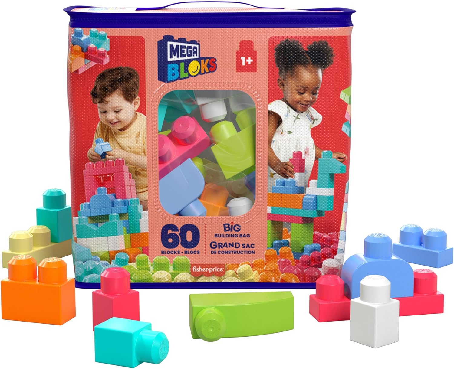 MEGA BLOKS Big Building Bag building set with 60 big and colorful building blocks, and 1 storage bag, toy gift set for ages 1 and up, DCH54