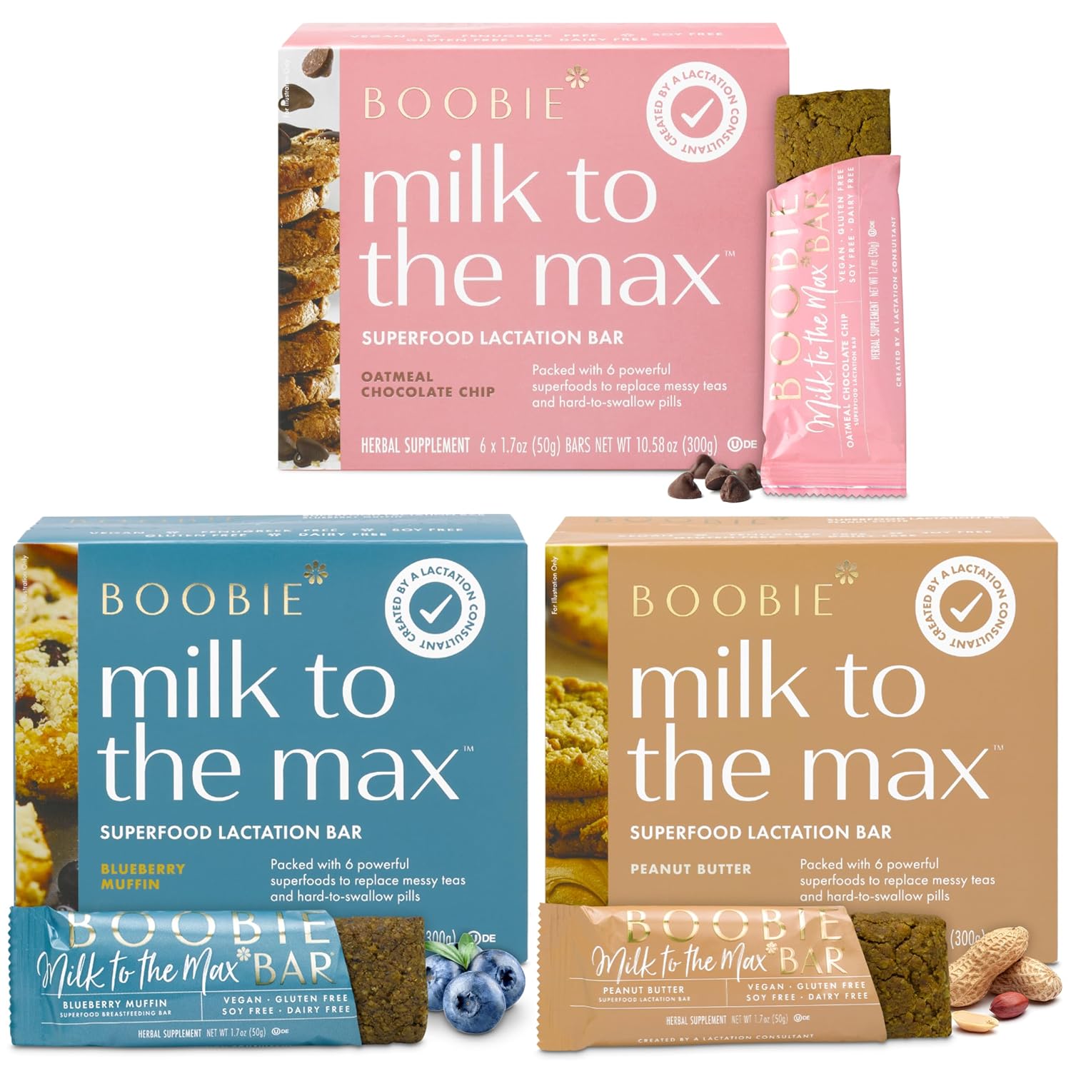 Boobie Bar Superfood Lactation Bar Variety Pack, Lactation Snacks for Breastfeeding Moms to Increase Milk Supply, Fenugreek-Free, Gluten-Free, Dairy-Free, Vegan (18 Bars, 3 Flavors)