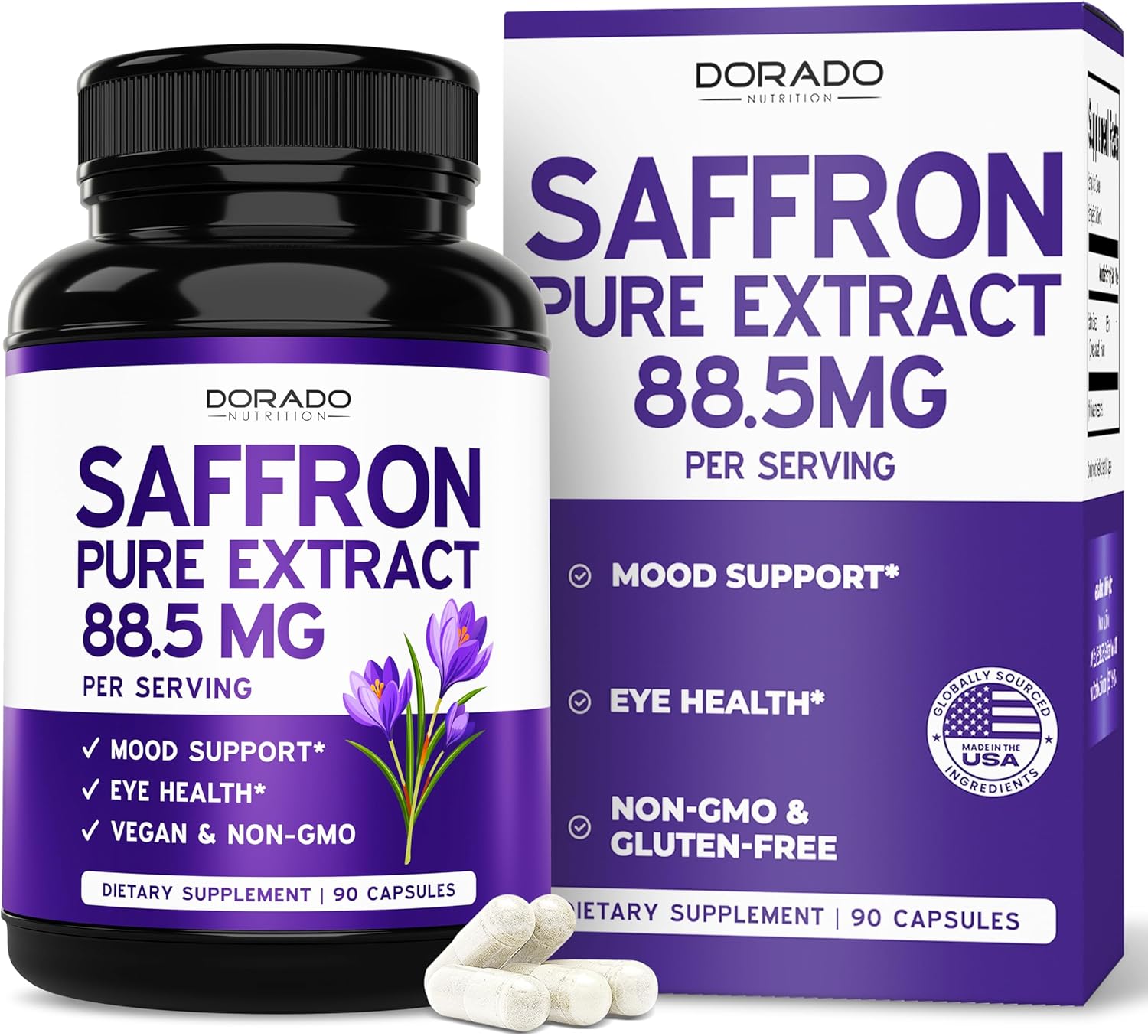 Saffron Supplements for Mood, Energy & Vision Support (3 Month Supply) Pure Saffron Extract 88.5mg Per Serving - Vegan Safe, Third Party Tested & Non GMO - USA Made (90 Capsules)