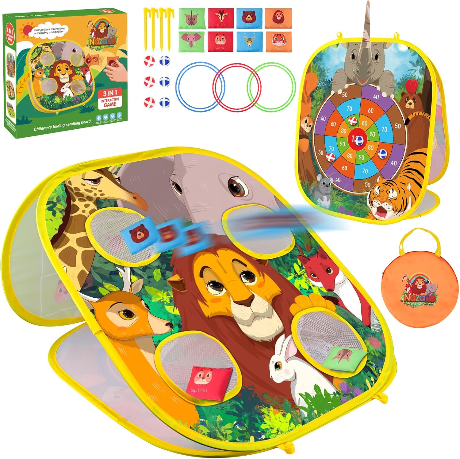 4 in 1 Double-Sided Foldable Cornhole Bean Bag Toss Game Set with Accessories for Kids, Ages 3-6