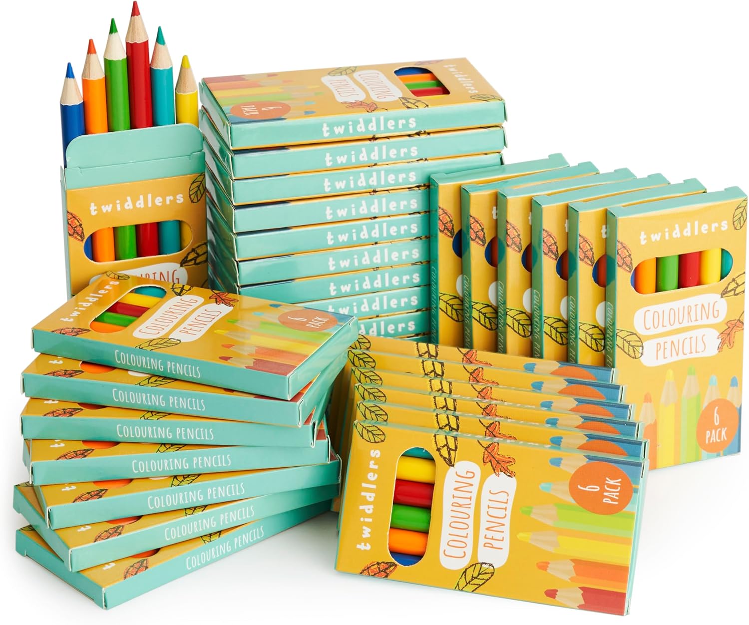 THE TWIDDLERS 30 Boxes of Mini Colouring Pencils - 6 Pencils Per Box, 180 Total - Easy Grip Round Barrel, 9cm Length, Multipack Party Bag Fillers for Kids Birthdays, Classroom Class Gifts