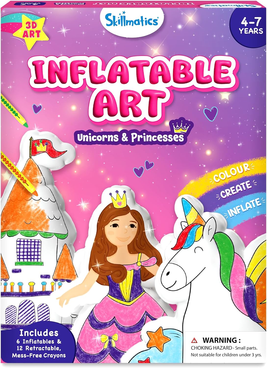 Skillmatics Inflatable Art Unicorns & Princesses – 3D DIY Craft Kit for Kids, Mess-Free Colouring Set with Crayons & Straws, Gift for Girls & Boys Ages 4, 5, 6, 7