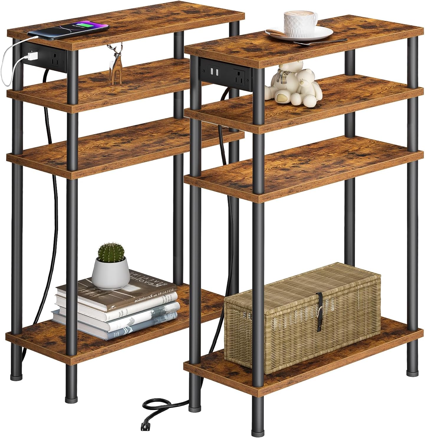 Narrow Side Table with Charging Station, 4 Tier Small Thin Slim End Tables Living Room Set of 2 with USB Ports, Skinny Bedroom Nightstands for Small Spaces, Rustic Brown