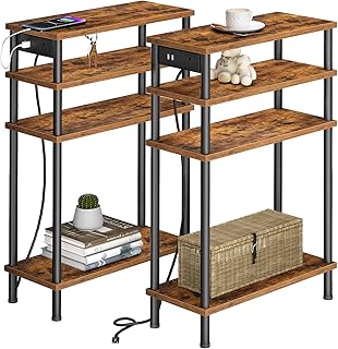 Narrow Side Table with Charging Station, 4 Tier Small Thin Slim End Tables Living Room Set of 2 with USB Ports, Skinny Bedroom Nightstands for Small Spaces, Rustic Brown