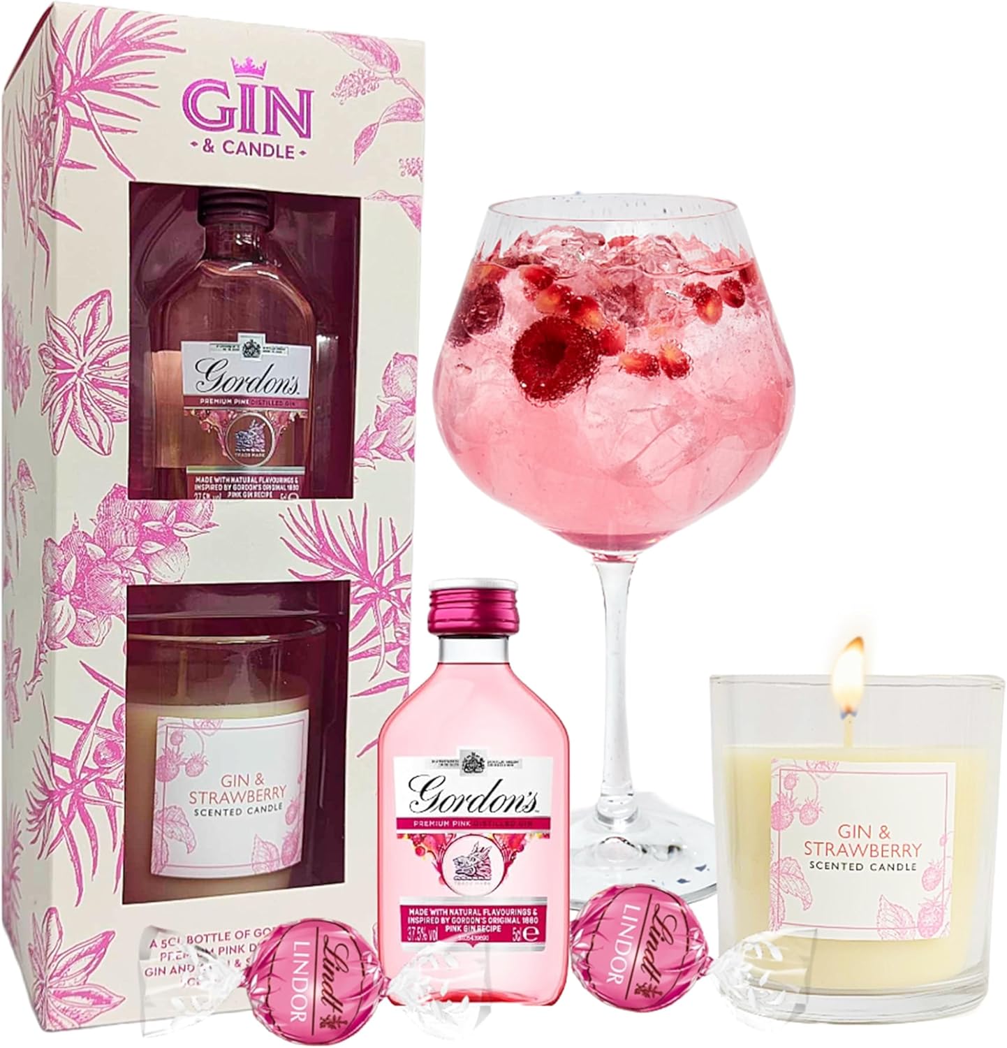 Pink Gin & Candle Gifts for Women - Flavoured Gin 5cl Miniature Alcohol Bottles, Scented Candle & 2 x Strawberry Chocolate Truffles. Alcohol Gift Set for Christmas Gifts, Stocking Fillers