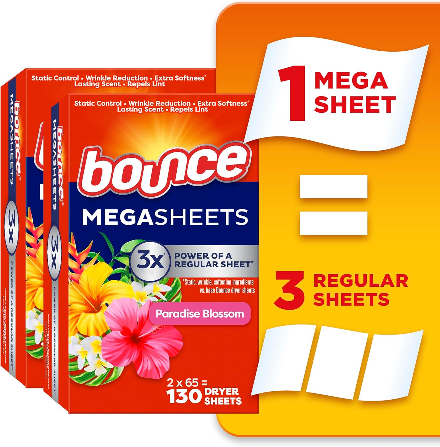 Bounce Mega Dryer Sheets, Paradise Blossom, 130 Count (Packaging May Vary)